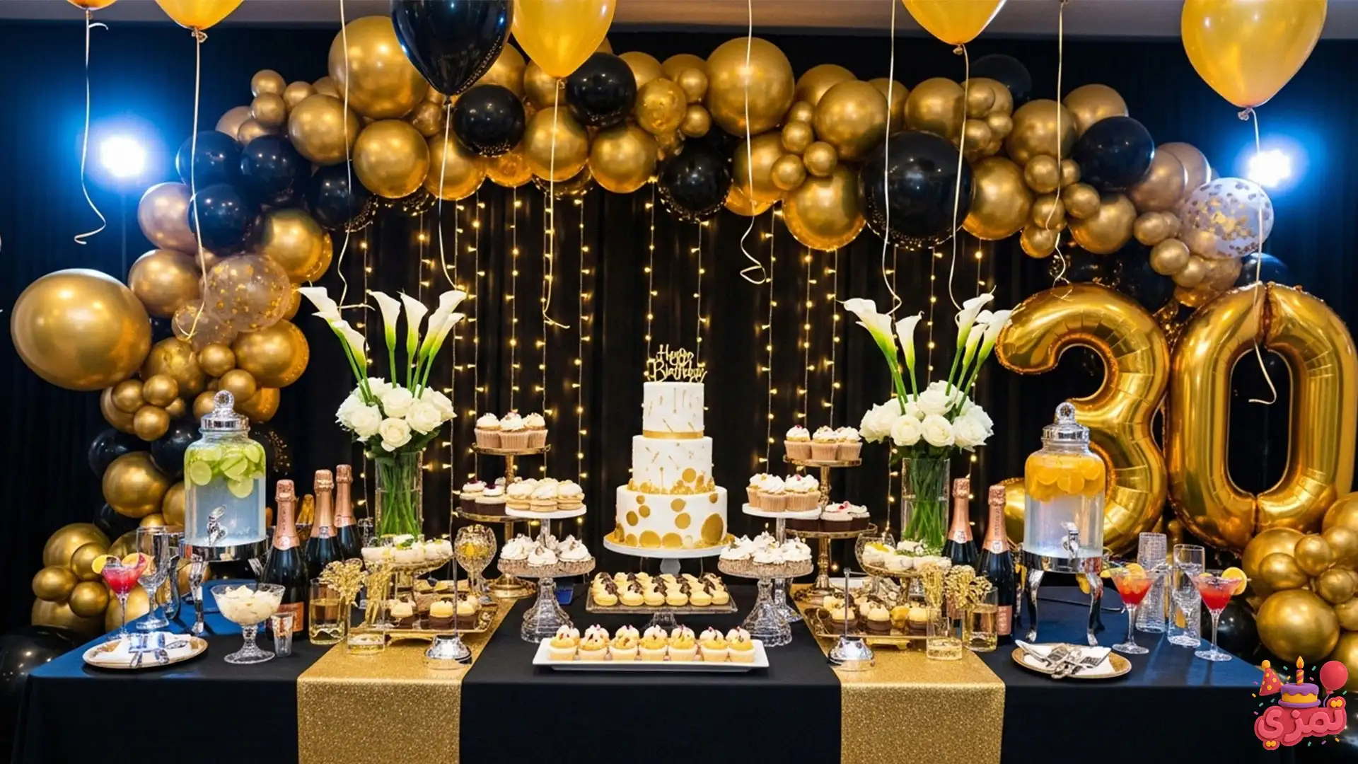 دکوراسیون تم تولد بزرگسال با بادکنک و نورپردازی