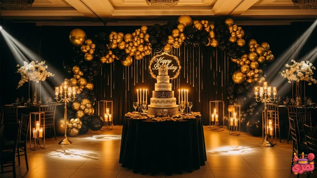 سالن جشن تولد بزرگسال با دکور لوکس و بادکنکهای طلایی و مشکی
