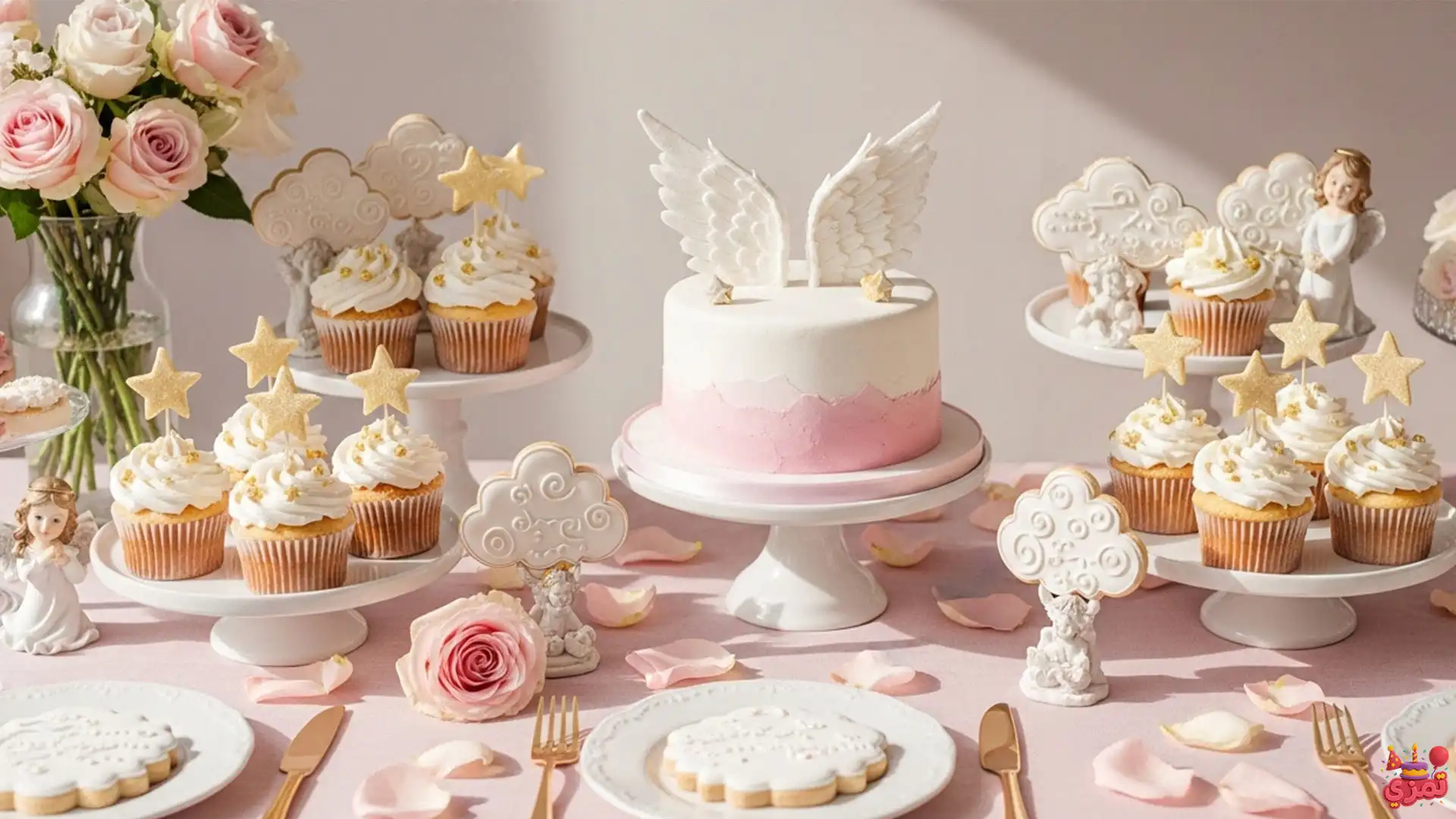 تم تولد دخترانه فرشته میز دسر تم تولد دخترانه فرشته با میز پذیرایی و کیک سفید