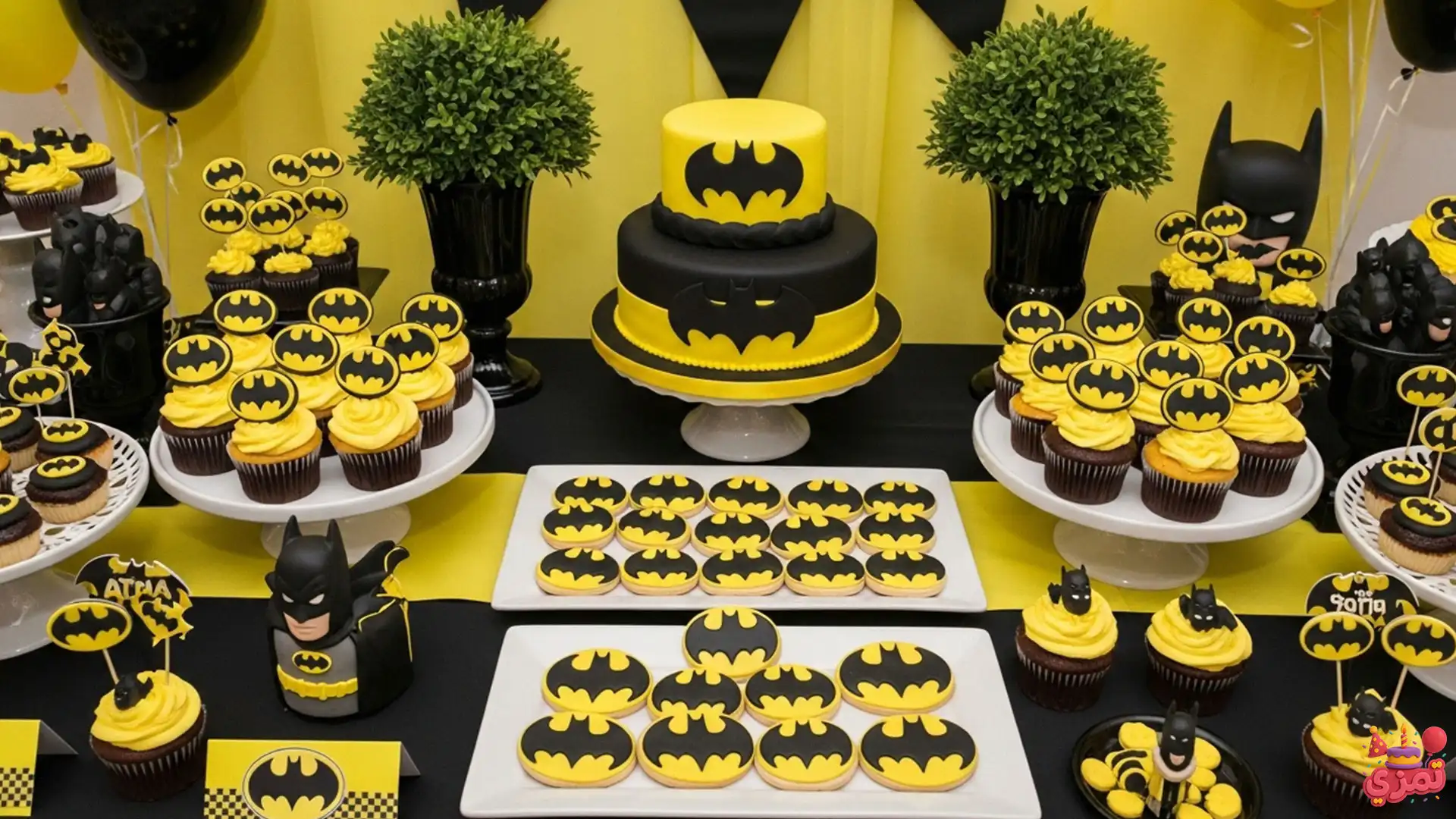 تم تولد پسرانه بتمن میز دسر تم تولد پسرانه بتمن با میز دسر مشکی و زرد