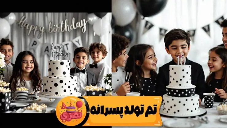 نمای اصلی تم تولد پسرانه خالدار مشکی مدرن با نقاط طلایی سفید