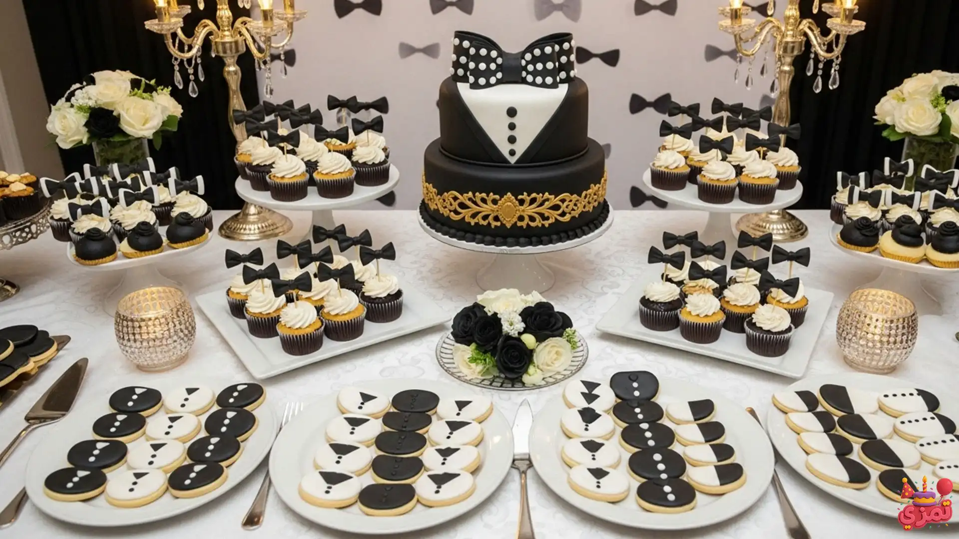 میز دسر شیک با تم پاپیونی سیاه و سفید و کیک تولد با طرح پاپیون