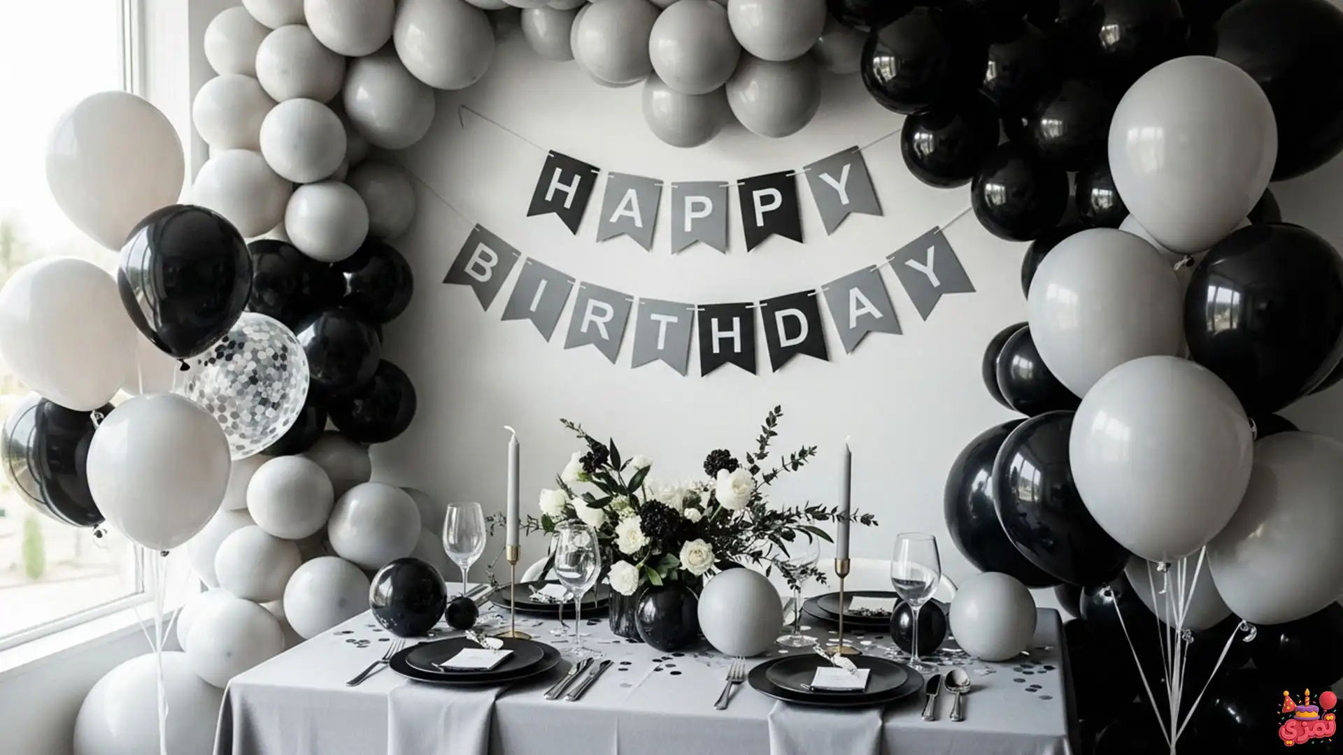 دکوراسیون و بادکنک آرایی طوسی مشکی تم تولد پسرانه طوسی مشکی با دکوراسیون