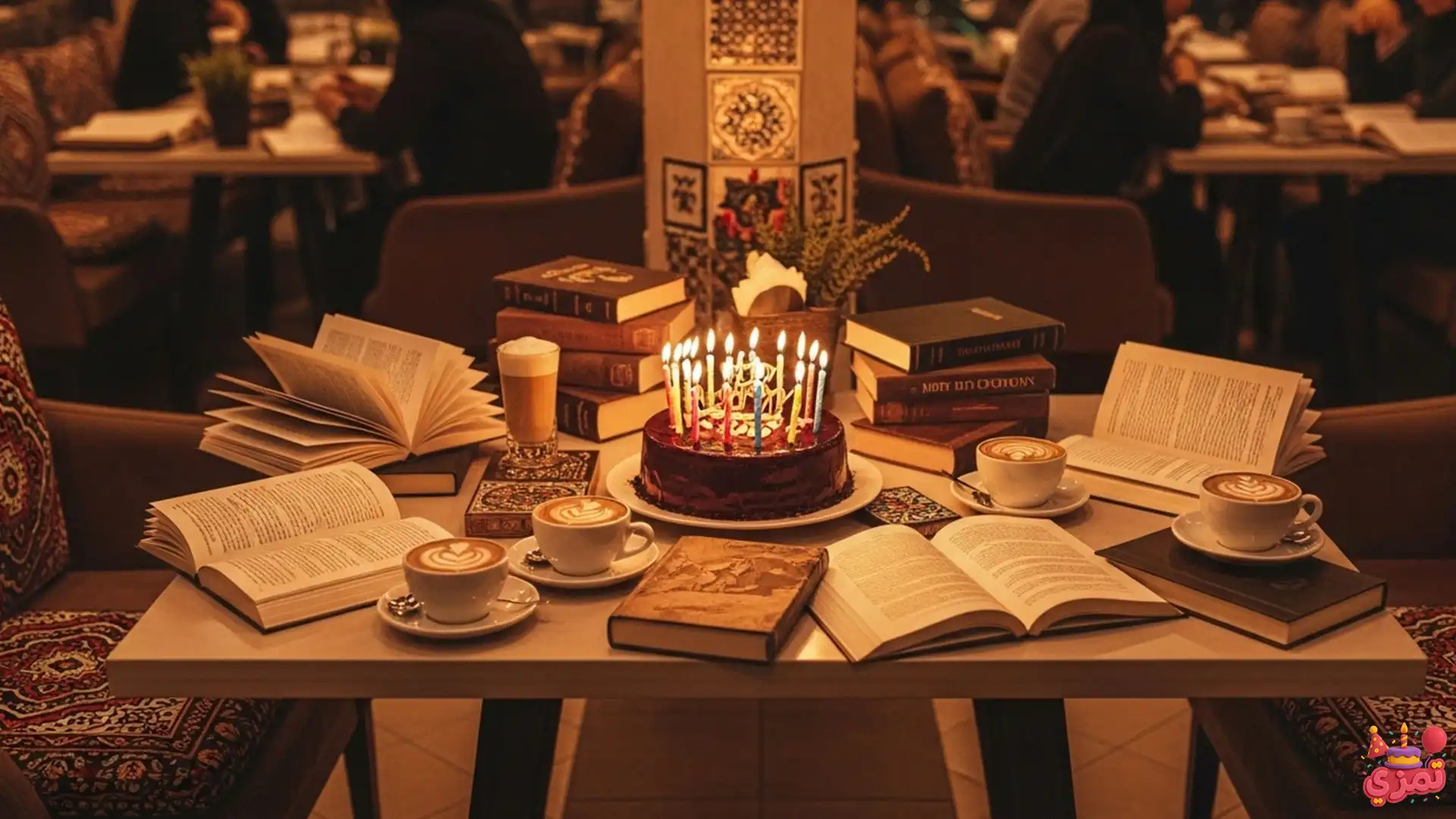 تم تولد پسرانه در کافه با ایده قهوه و کتاب و دکوراسیون لوکس