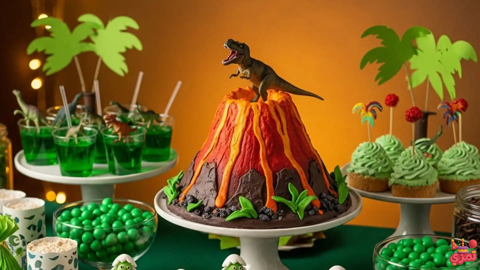 کیک تولد تم دایناسور و آتشفشان کیک تولد و کاپ کیک با طرح دایناسور و آتشفشان