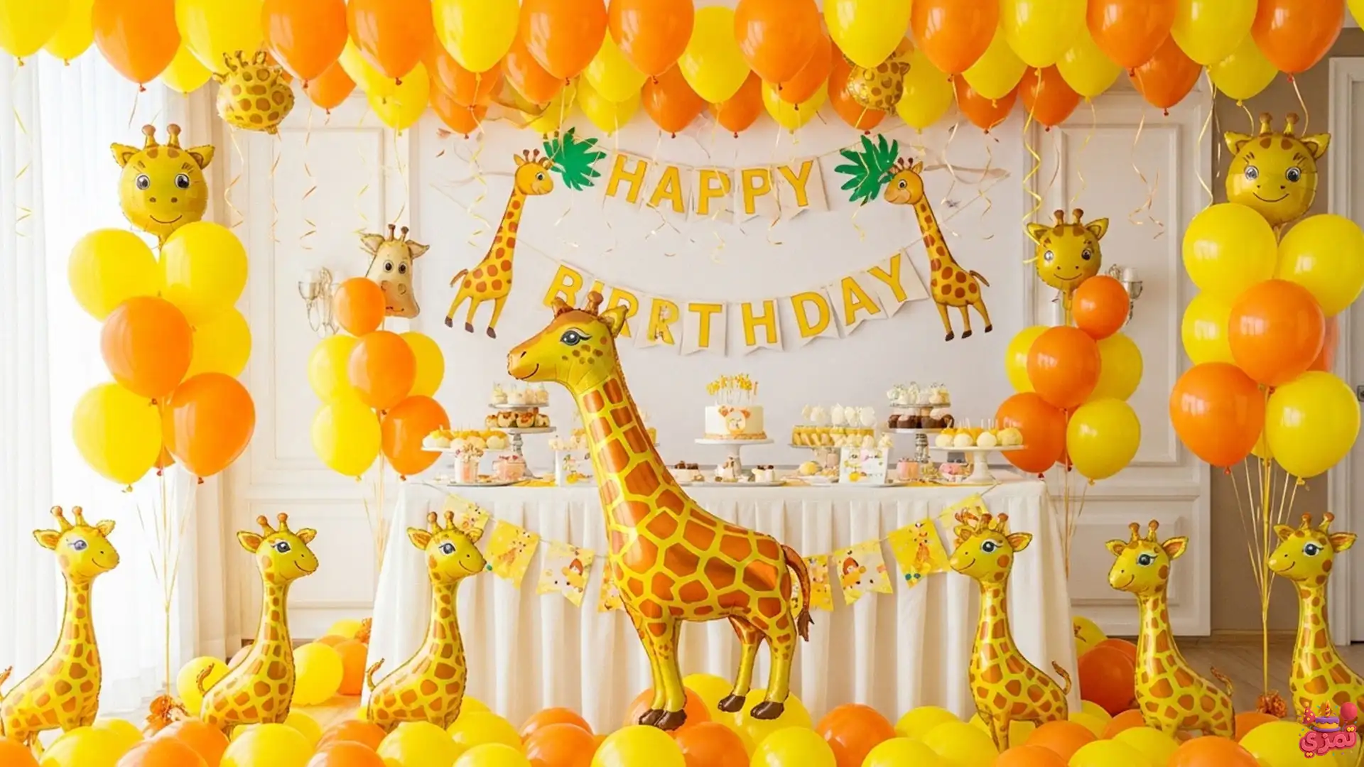 تم تولد پسرانه زرافه با بادکنک تم تولد پسرانه زرافه با بادکنک آرایی زرد و نارنجی