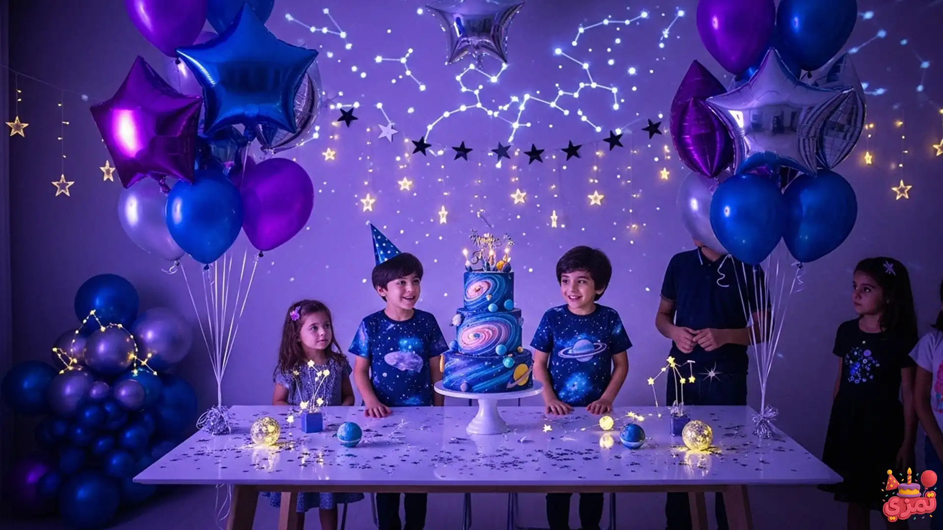 تم تولد پسرانه رنگ بنفش کهکشانی دکور با بادکنکهای ستارهای و کیک با طرح کهکشانی بنفش تیره