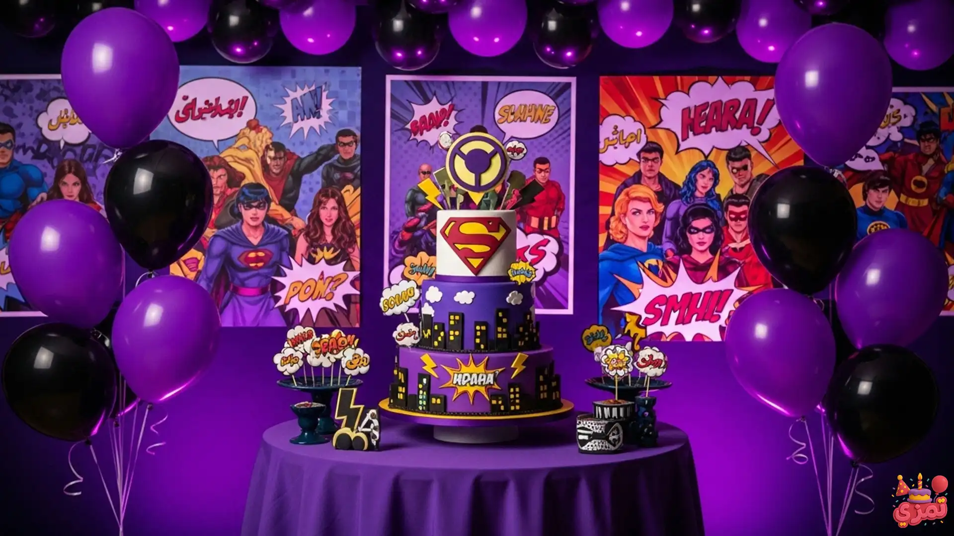 تم تولد پسرانه رنگ بنفش ابرقهرمان میز تولد با کیک بنفش و پوستر ابرقهرمان هالک