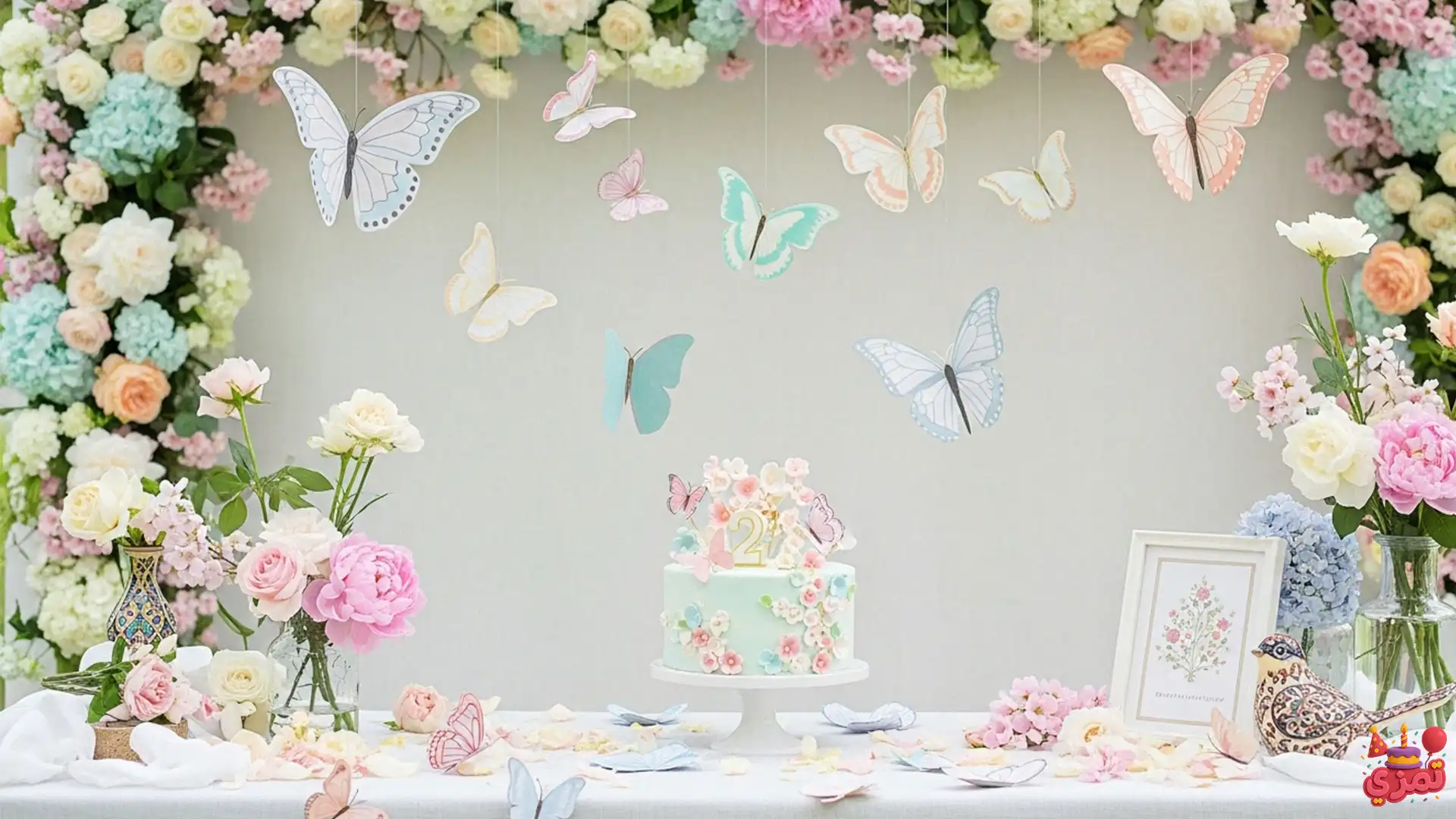 تم تولد ۲ سالگی دخترانه پروانه و گلها تم تولد ۲ سالگی دخترانه پروانه و گلها با رنگهای پاستلی