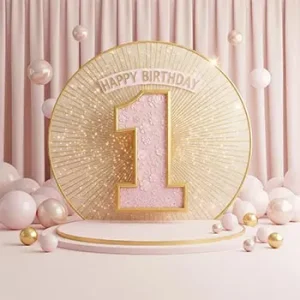 تم تولد دخترانه یک سالگی صورتی با عدد ۱ و بادکنک
