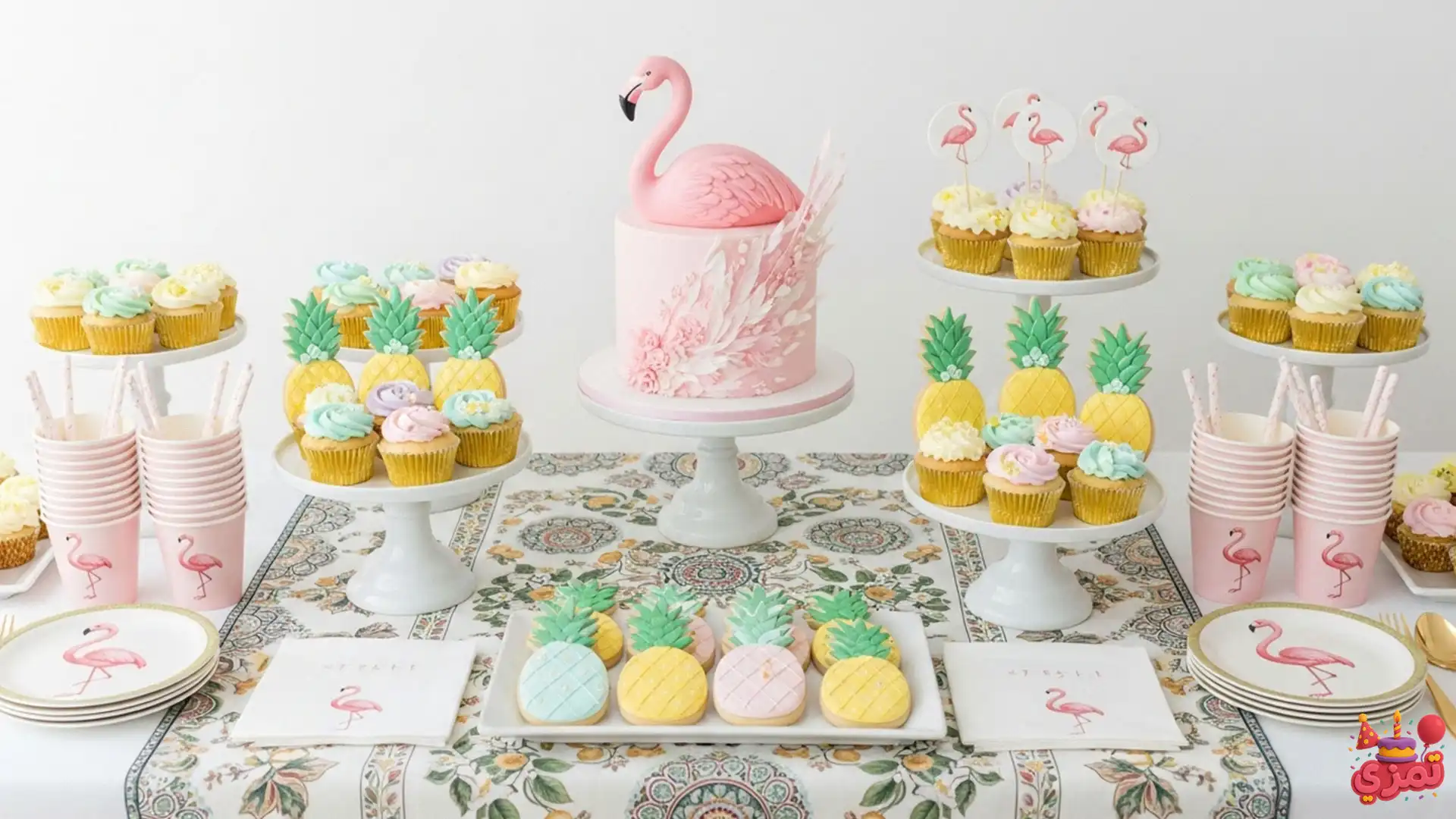تم تولد دخترانه فلامینگو میز دسر میز پذیرایی تم فلامینگو با کیک و کاپکیکها