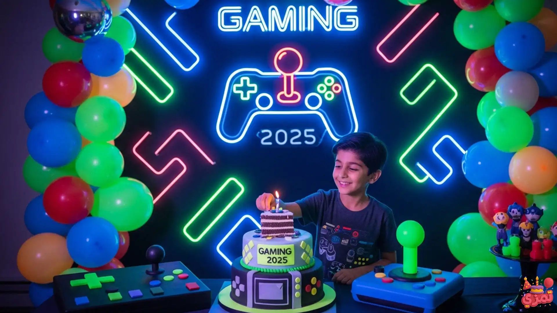تم تولد پسرانه ۲۰۲۵ گیمینگ با بک‌دراپ نئونی