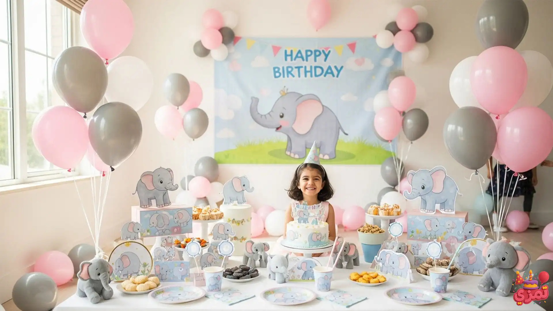 دکور با فیل بامزه، بادکنکهای صورتی و طوسی و کیک ساده کیک تم تولد دخترانه طوسی و صورتی با فیل بامزه