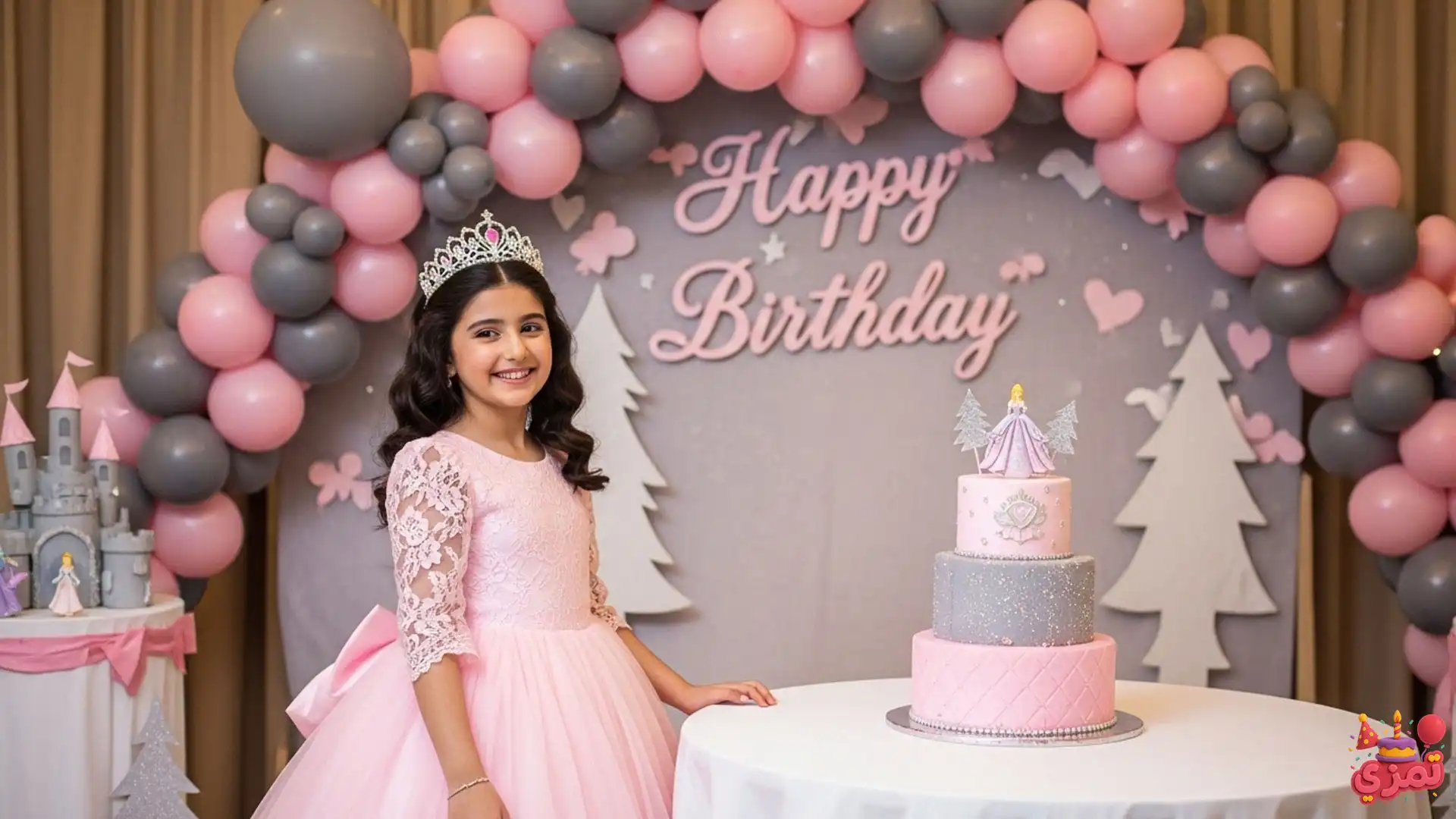 دکور با تاج پرنسسی، لباس صورتی و بادکنکهای طوسی برای تم شیک دکوراسیون تم تولد دخترانه طوسی و صورتی با تاج پرنسسی