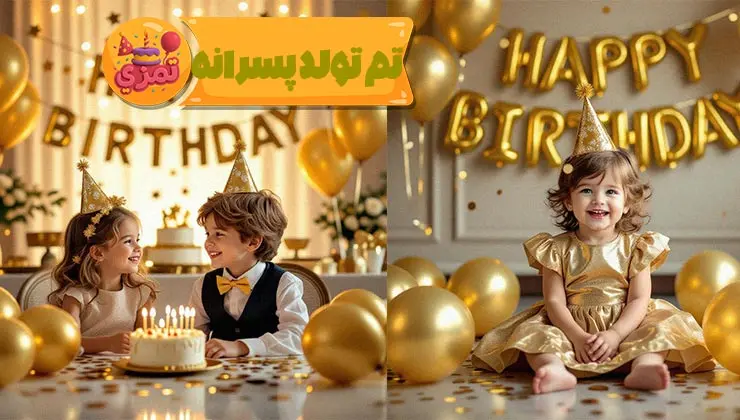 جزئیات ظروف و ریسه تم تولد پسرانه هپی طلایی متالیک