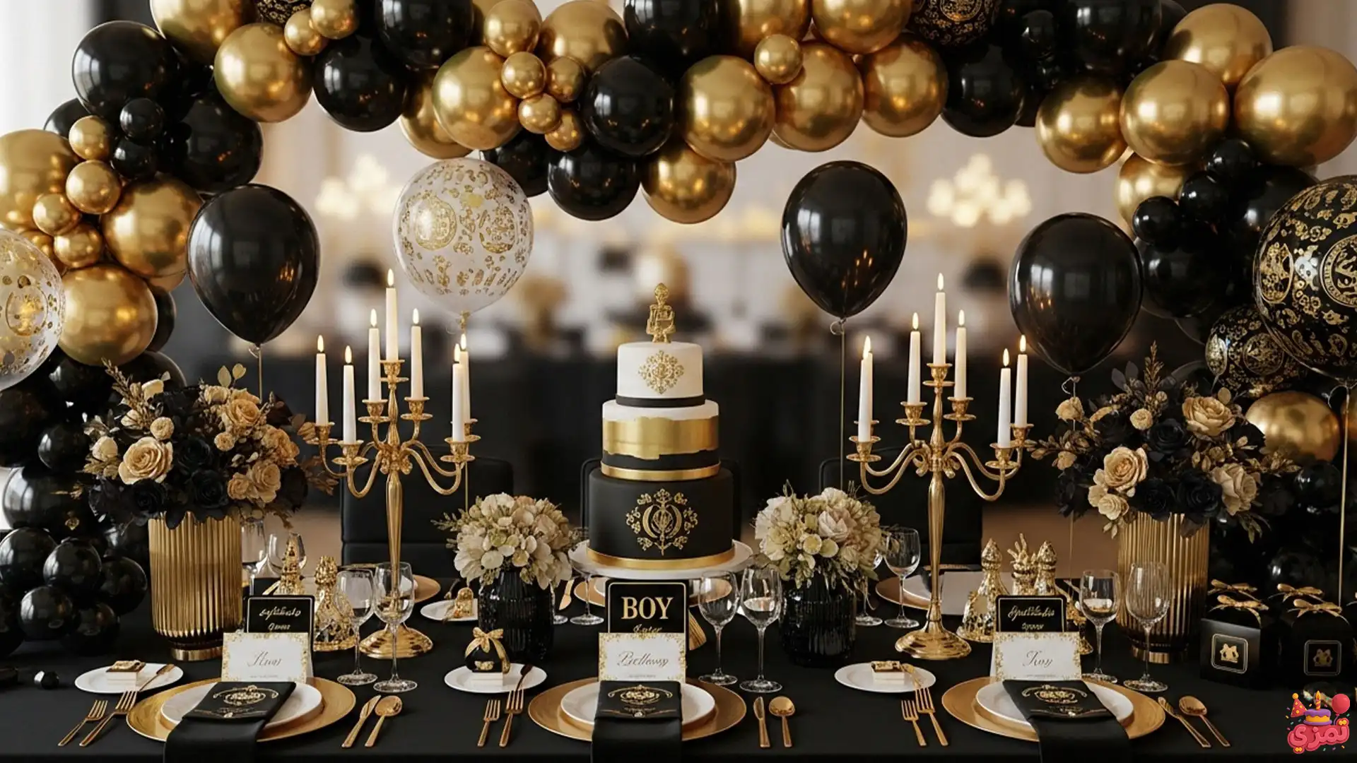 تم تولد پسرانه طلایی مشکی دکور دکوراسیون تم تولد پسرانه طلایی مشکی