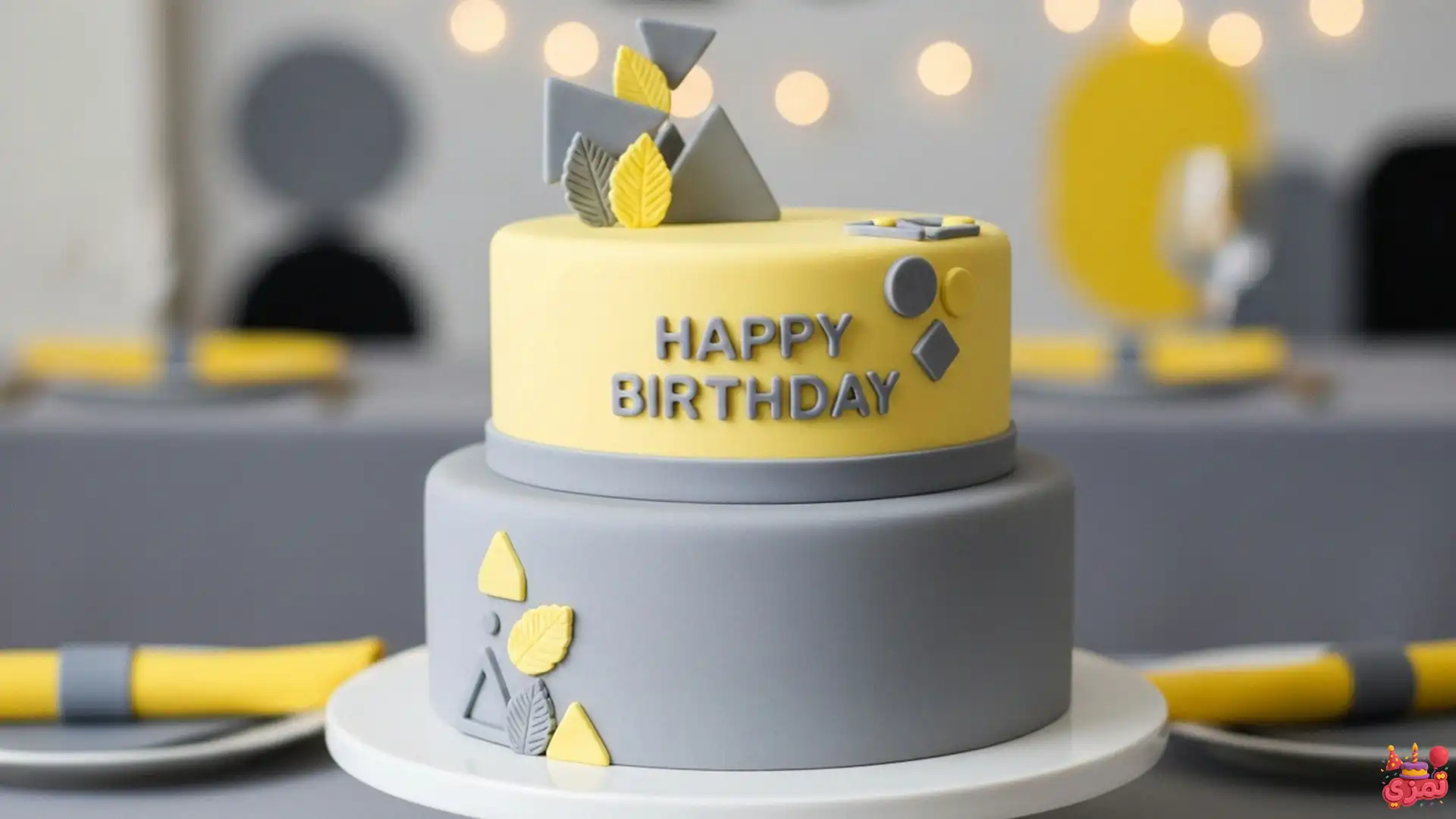 کیک تم تولد پسرانه طوسی زرد