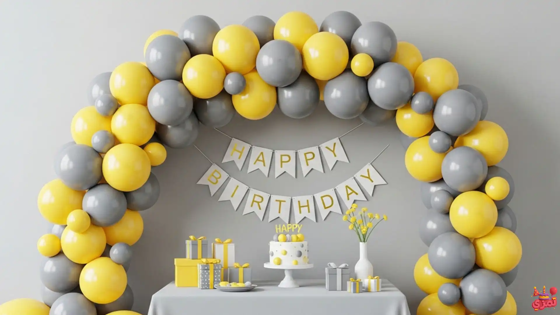 دکوراسیون تم تولد پسرانه طوسی زرد