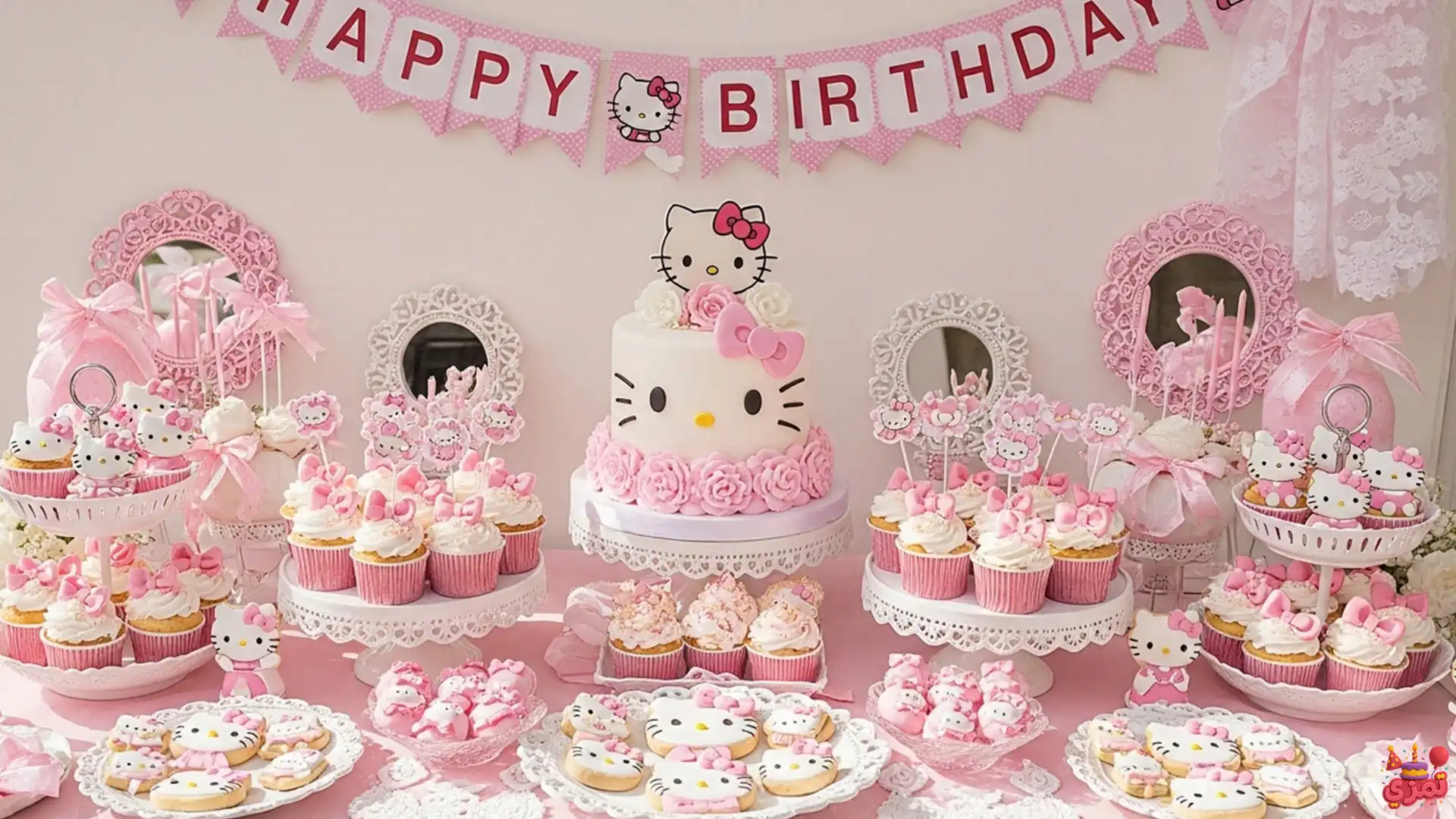 تم تولد دخترانه کیتی میز دسر تم تولد دخترانه کیتی با کیک و کاپکیک