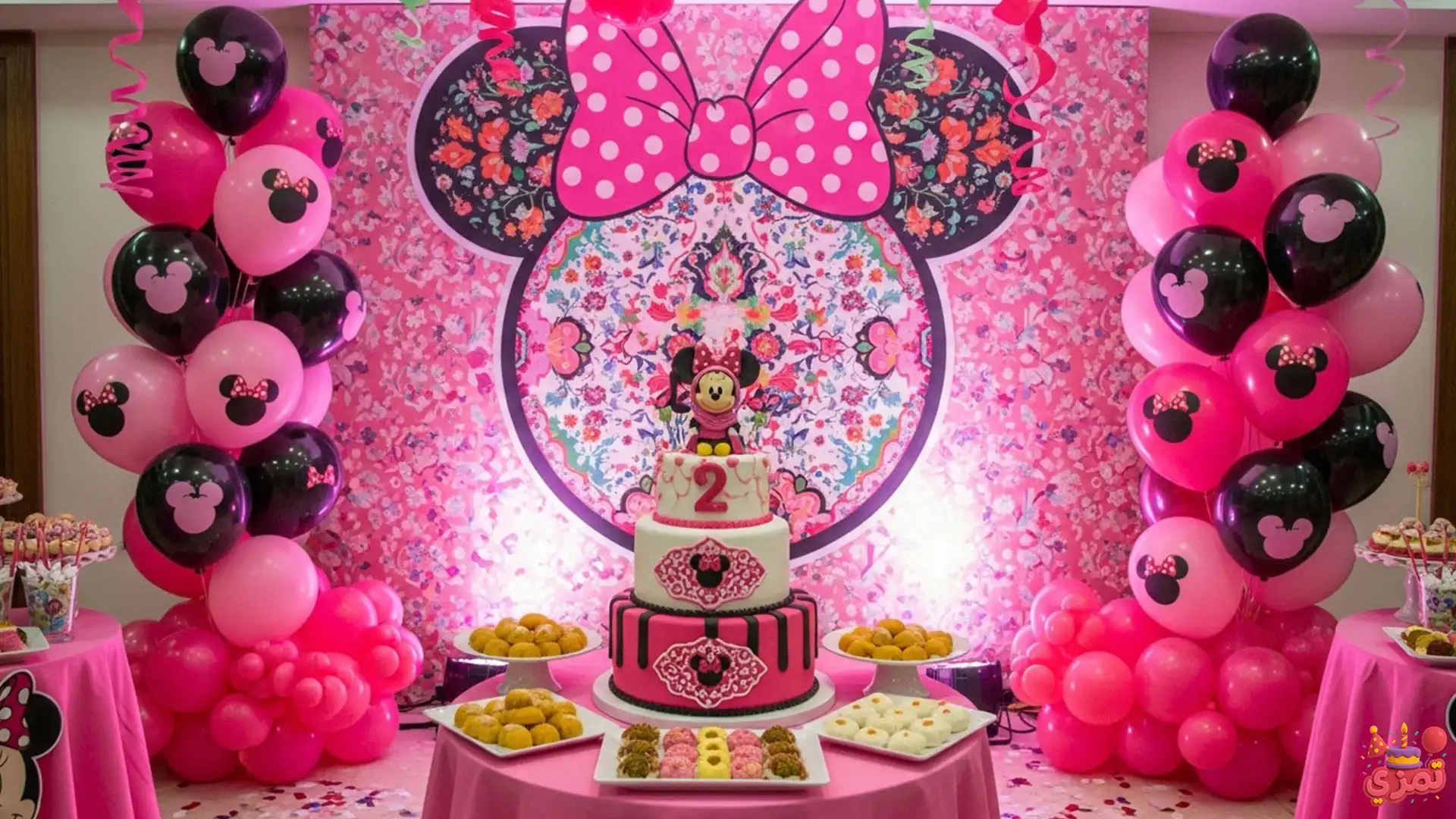 تم تولد ۲ سالگی دخترانه مینی موس تم تولد ۲ سالگی دخترانه مینی موس با رنگ صورتی و مشکی