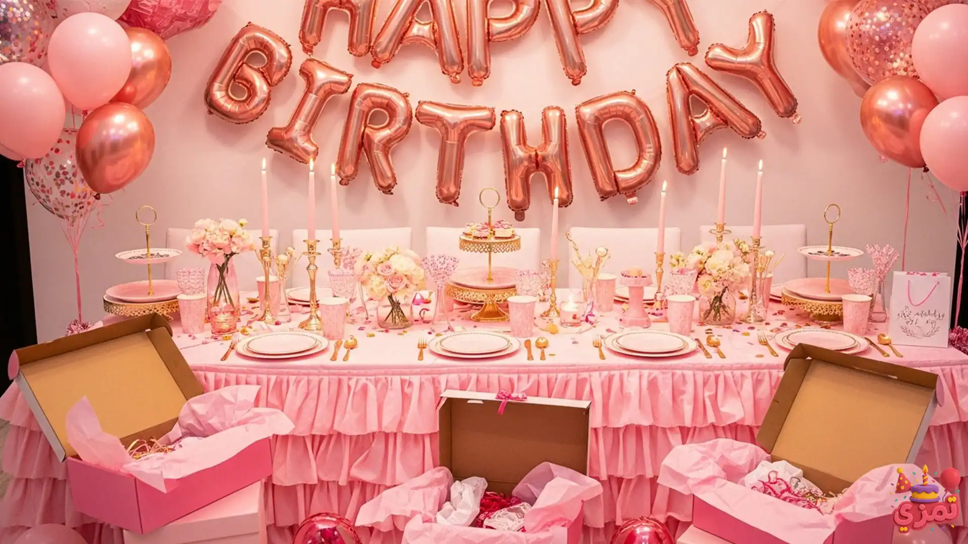 خرید آنلاین تم تولد دخترانه با میز تولد صورتی