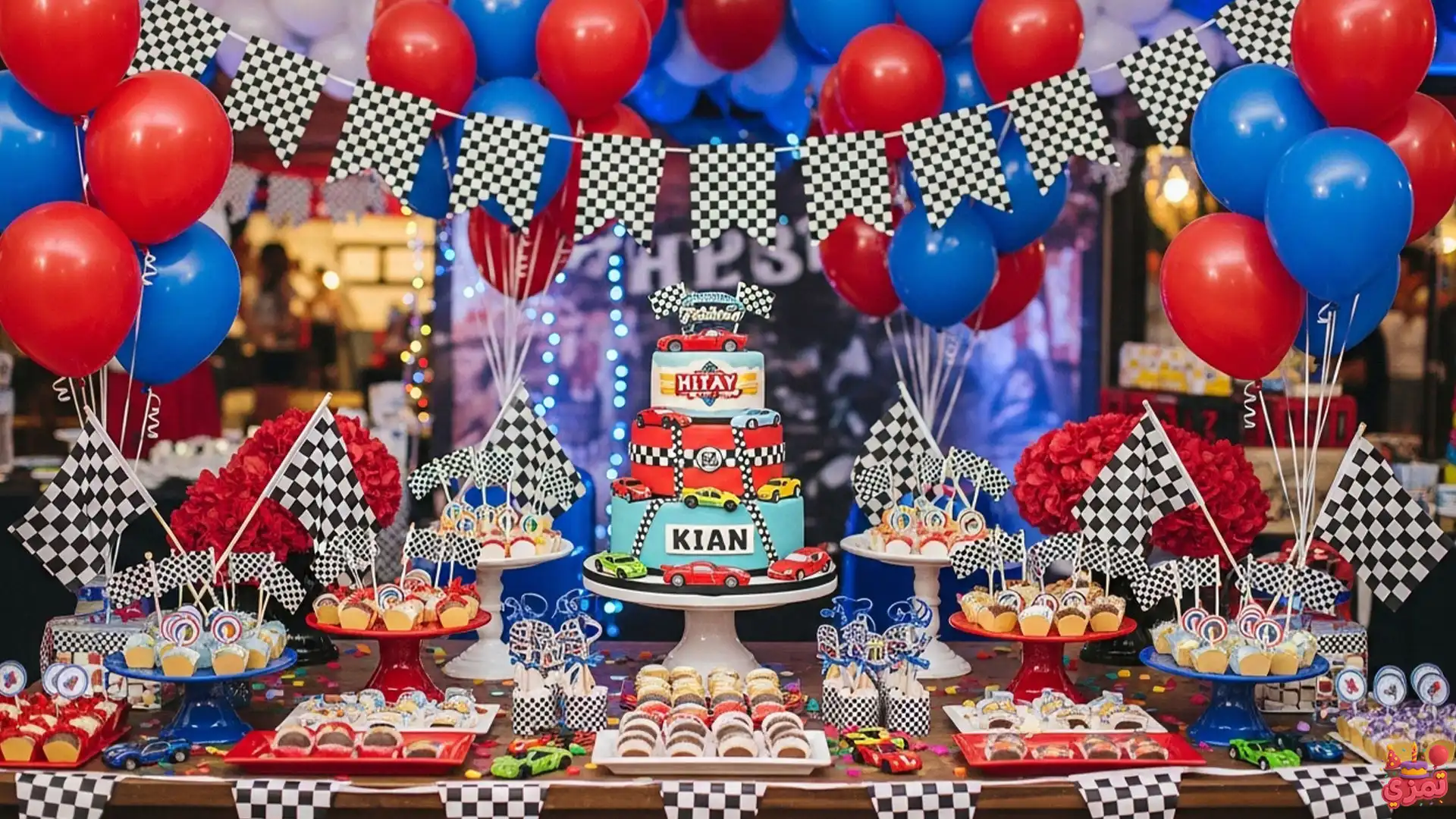تم تولد پسرانه قرمز و آبی مسابقه تم تولد پسرانه ماشین مسابقه قرمز و آبی