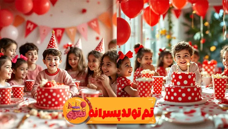 نمای اصلی تم تولد پسرانه خالدار قرمز شاد با فویل عددی