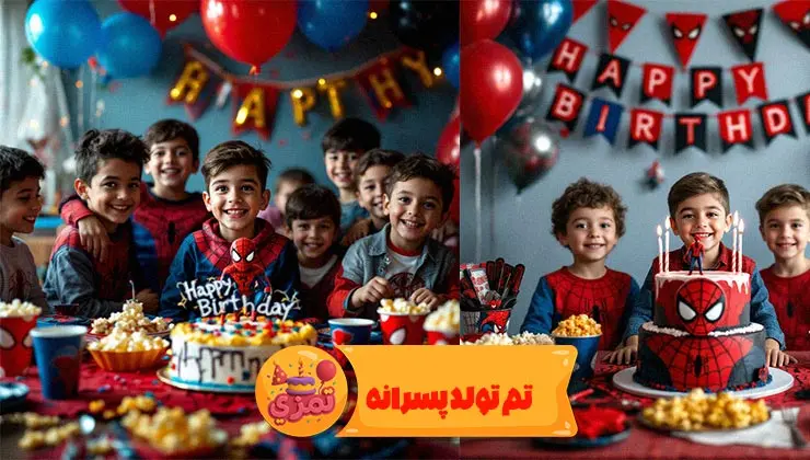 جزئیات بشقاب و لیوان تم تولد پسرانه اسپایدرمن با چاپ تارعنکبوت