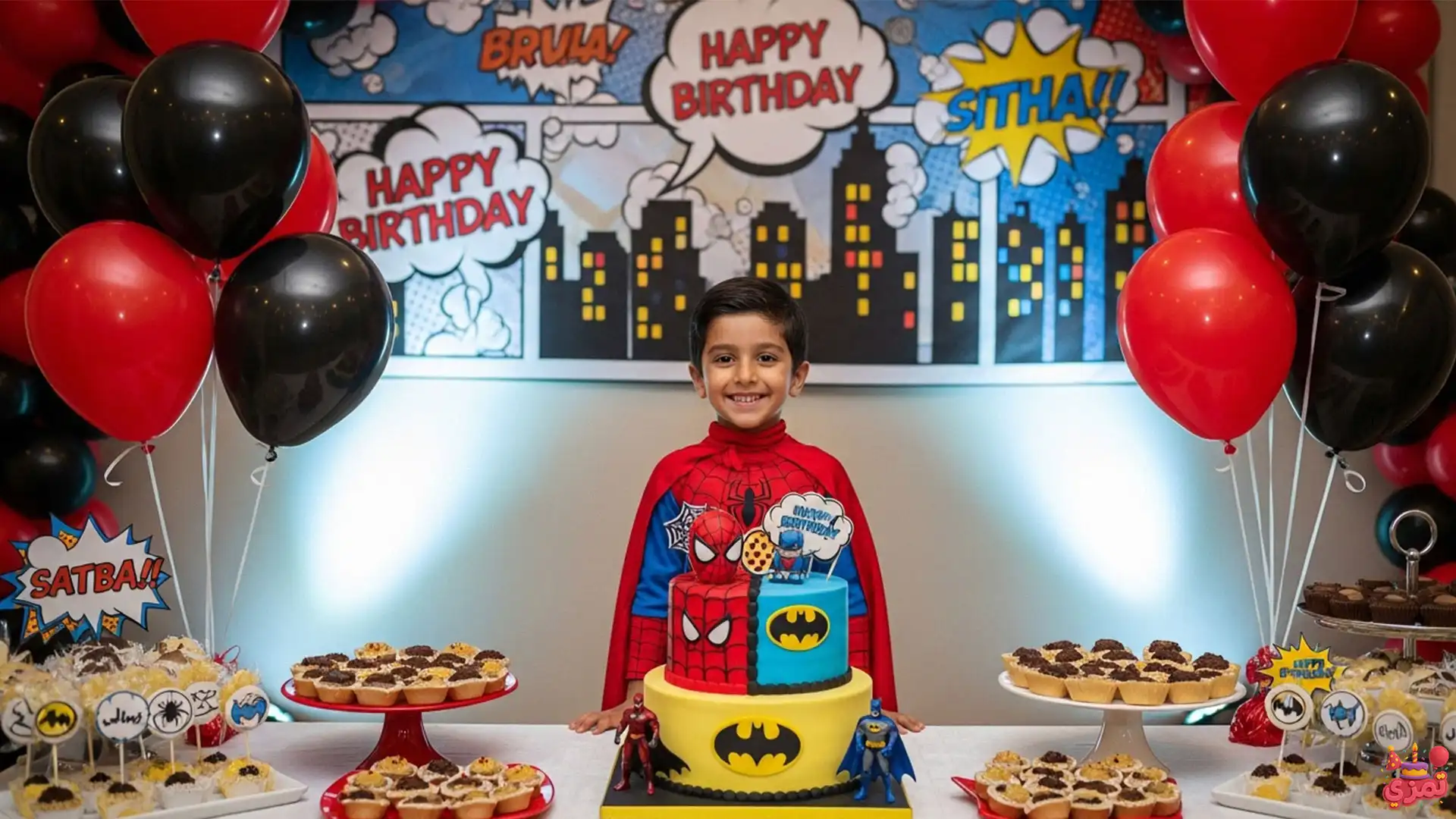 تم تولد پسرانه قرمز و مشکی ابرقهرمان تم تولد پسرانه ابرقهرمانی قرمز و مشکی