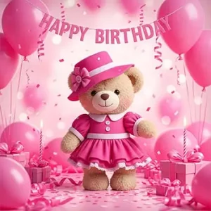 تم تولد دخترانه تدی خرس صورتی با بادکنک و هدیه تولد