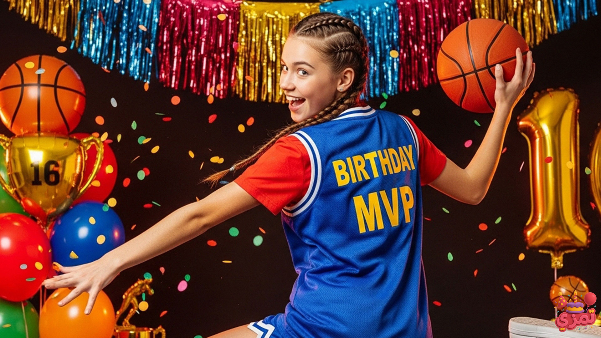 ژست دخترانه اسپرت با توپ بسکتبال در جشن تولد