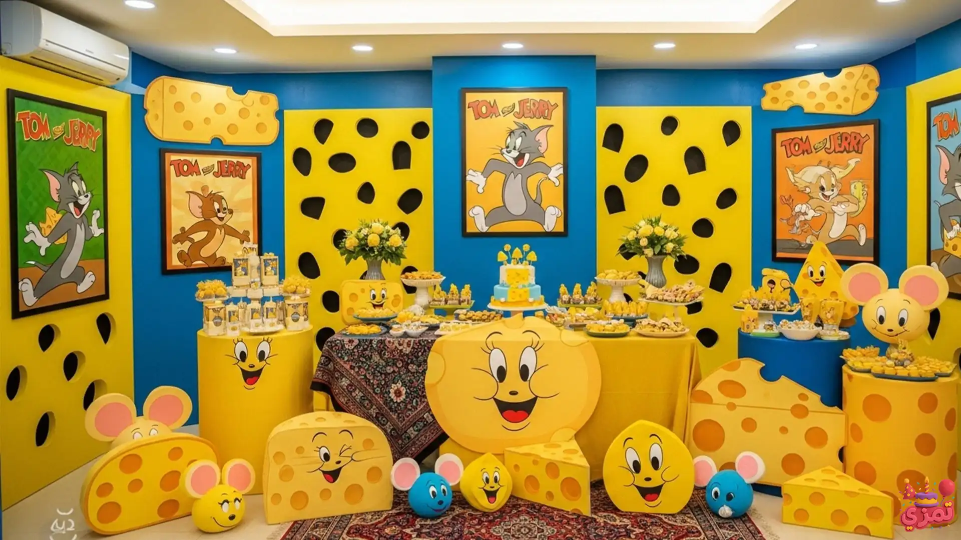 دکوراسیون شاد تم تولد پسرانه تام و جری با پنیرهای مقوایی زرد و سوراخهای موشی