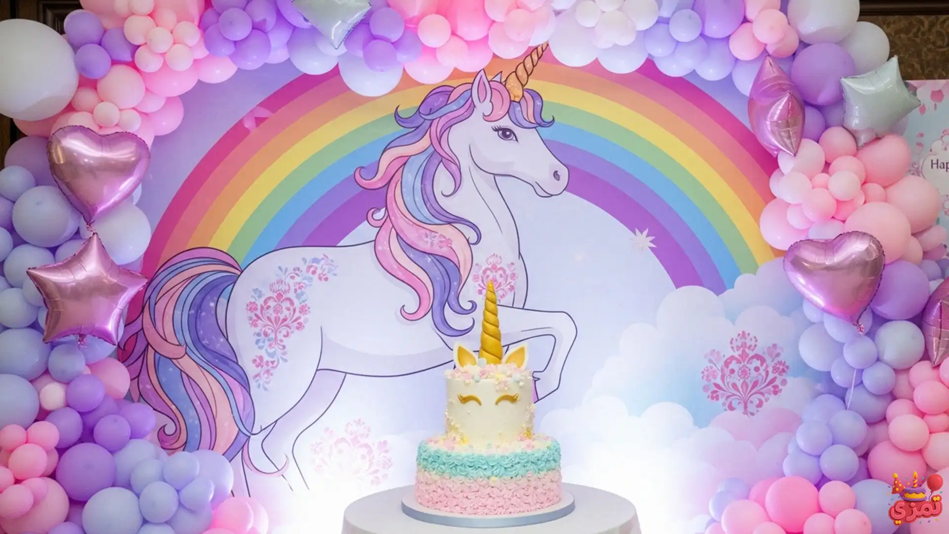 تم تولد یونیکورن تم تولد ۶ سالگی دخترانه یونیکورن با بادکنک پاستلی