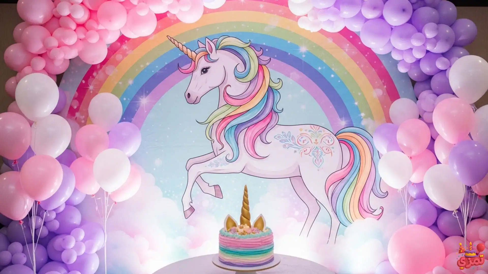 تم تولد ۷ ساله دخترانه یونیکورن تم تولد ۷ ساله دخترانه یونیکورن با بادکنک پاستلی