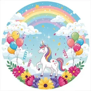 تم تولد دخترانه اسب تک شاخ با رنگین کمان و بادکنک‌های رنگی