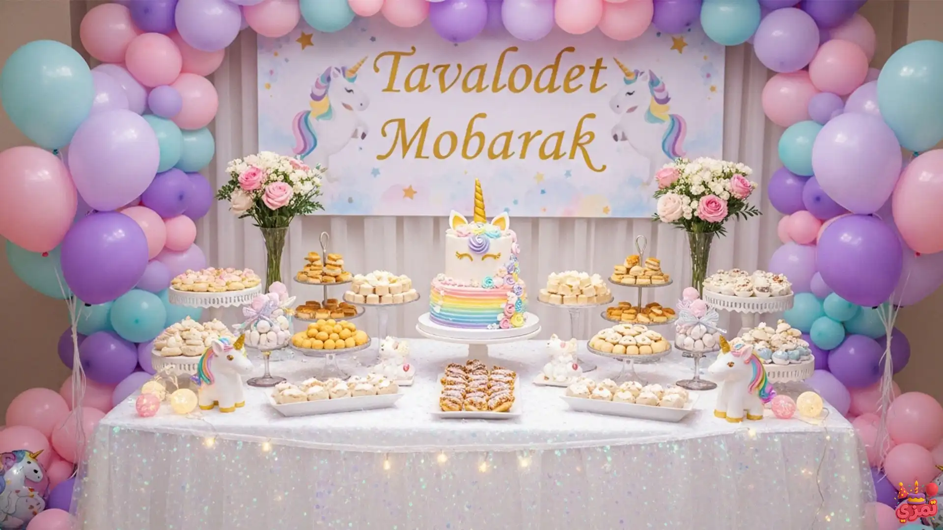 تم تولد دخترانه یونیکورن صورتی بنفش تم تولد دخترانه یونیکورن صورتی و بنفش