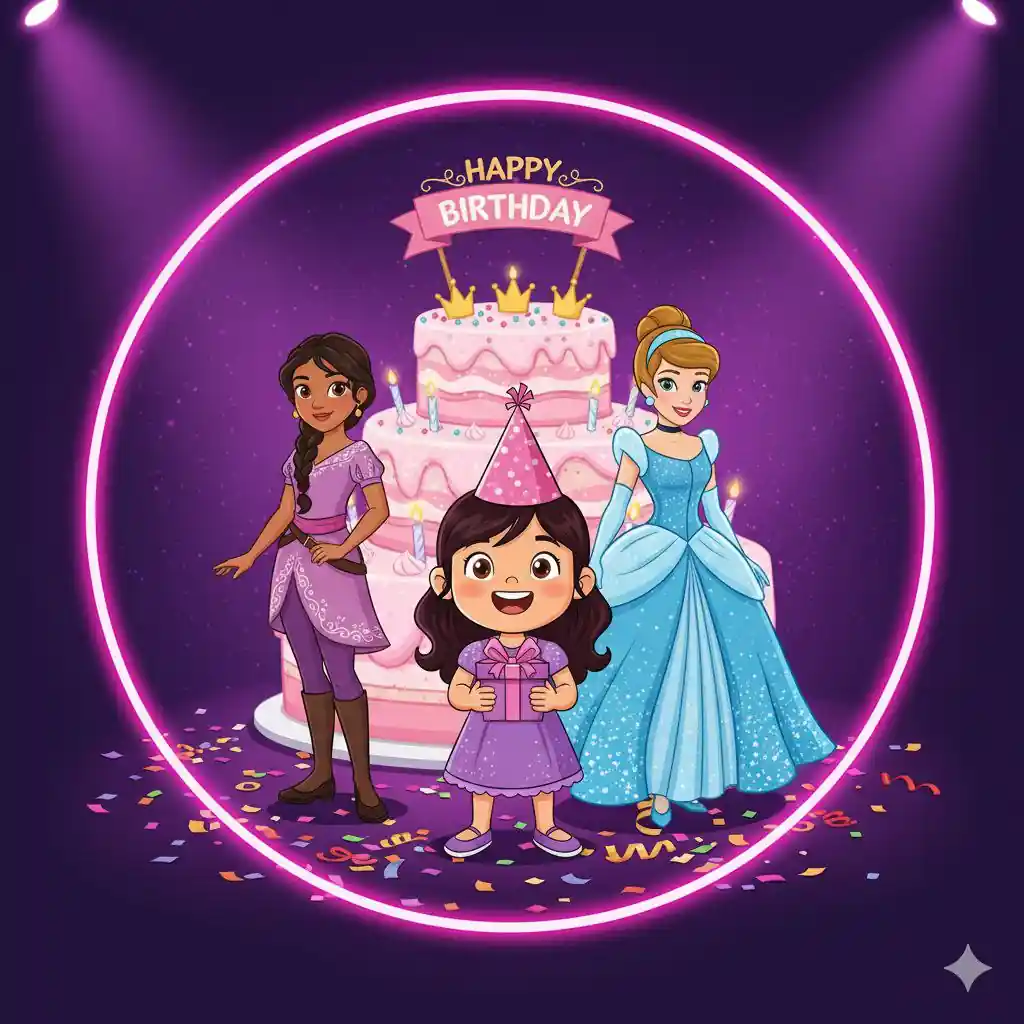 بنر معرفی دسته‌بندی تم تولد دخترانه با طرح پرنسس‌ها در فروشگاه تم تولد تمزی