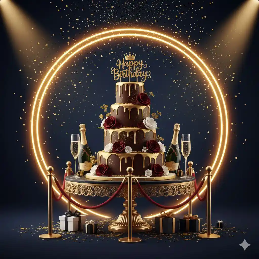 بنر معرفی دسته‌بندی تم تولد لاکچری با کیک طلایی و مشکی در فروشگاه تم تولد تمزی