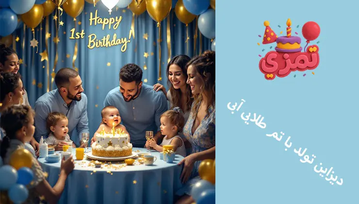 دیزاین تولد با تم طلایی آبی دیزاین میز تولد یکسالگی با تم آبی و طلایی؛ خانواده دور میز جمع شدهاند و به نوزاد نگاه میکنند؛ پرده و بادکنکهای طلایی در پسزمینه.