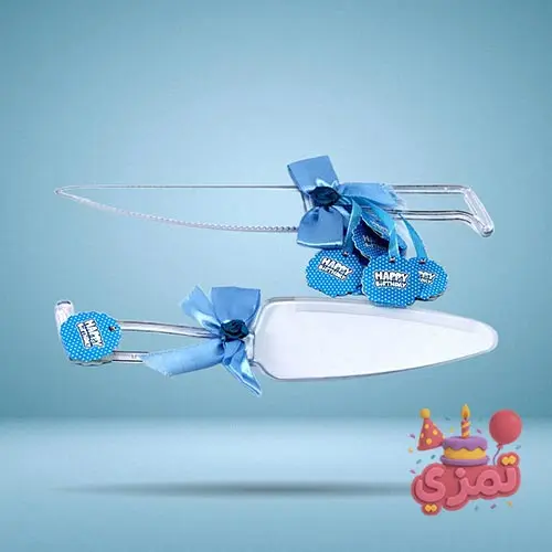 ست کفگیر و چاقو کیک آبی با طرح خالدار سفید