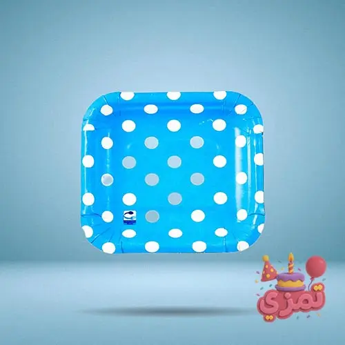 ظرف مقوایی آبی با طرح خالدار سفید برای سرو میوه و کیک