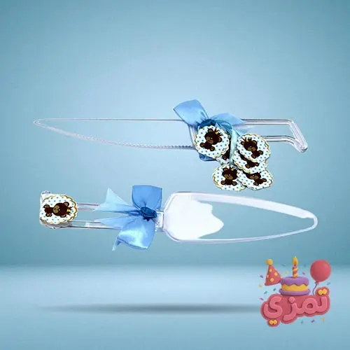 ست کفگیر و چاقو کیک آبی با طرح تدی پسر