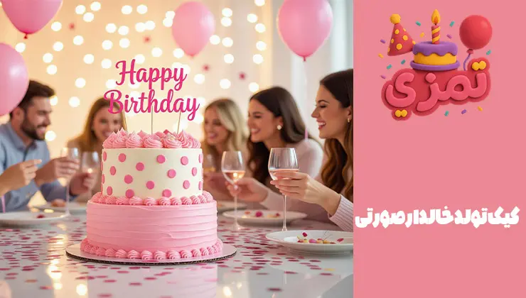 کیک تولد خالدار صورتی کیک تولد صورتی دو طبقه با خالهای سفید