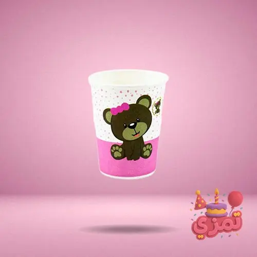 لیوان مقوایی صورتی با طرح خرس تدی دختر برای سرو نوشیدنی