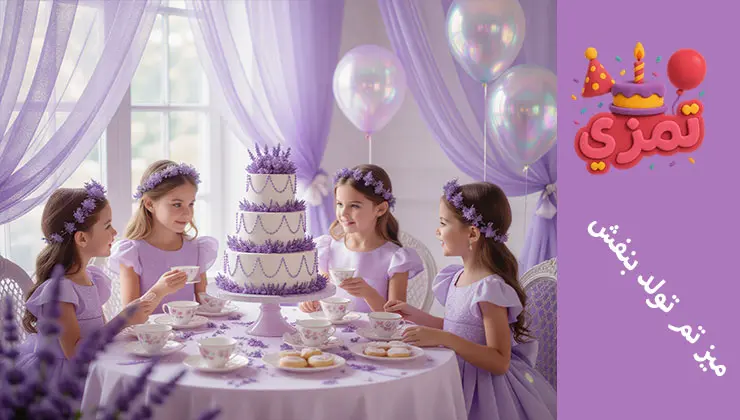 چیدمان میز تولد بنفش | رانر خالدار میز تولد بنفش با کیک و وسایل جشن