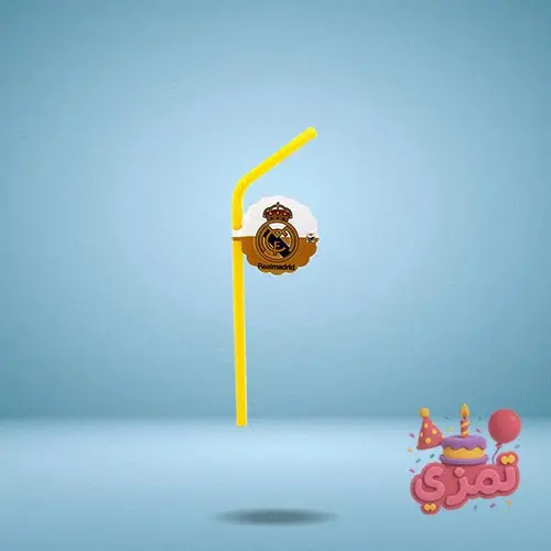 نی نوشیدنی سفید و طلایی با لوگوی رئال مادرید