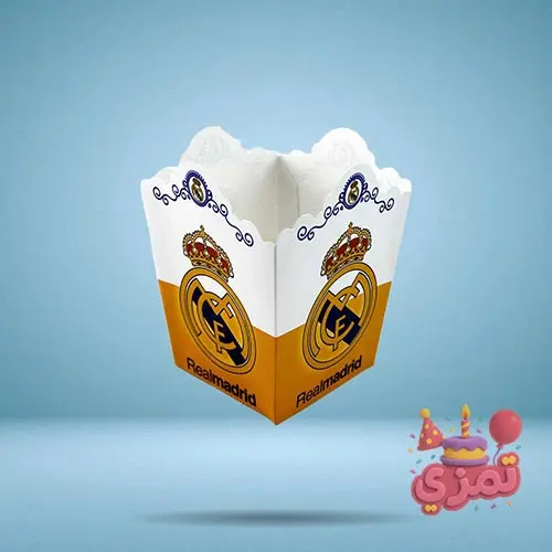 پاکت پاپکورن سفید و طلایی با لوگوی رئال مادرید