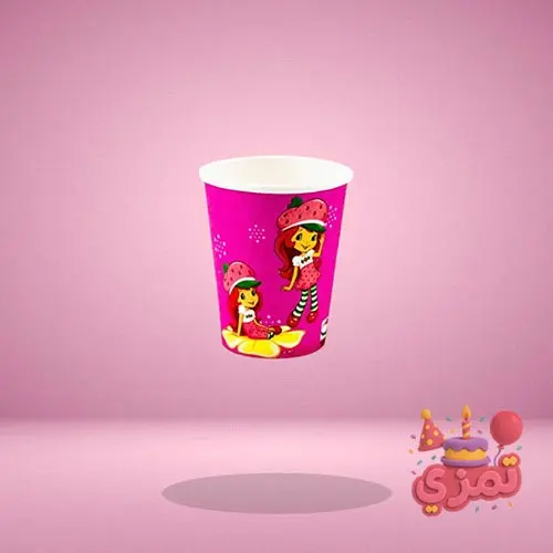 لیوان مقوایی صورتی با طرح دختر توتفرنگی برای سرو نوشیدنی