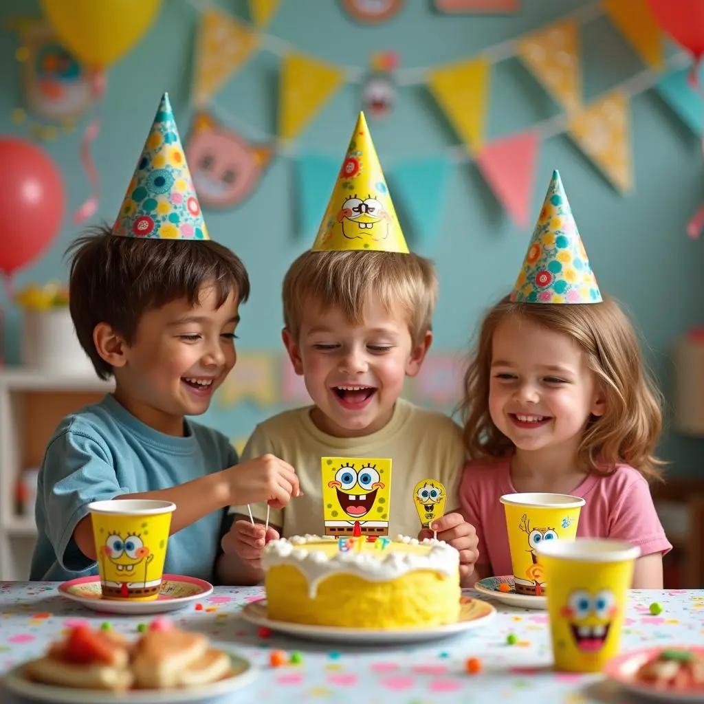 کودکان شاد در حال فوت کردن شمع کیک با کلاه و لیوانهای تم تولد باب اسفنجی از فروشگاه تم تولد تمزی.