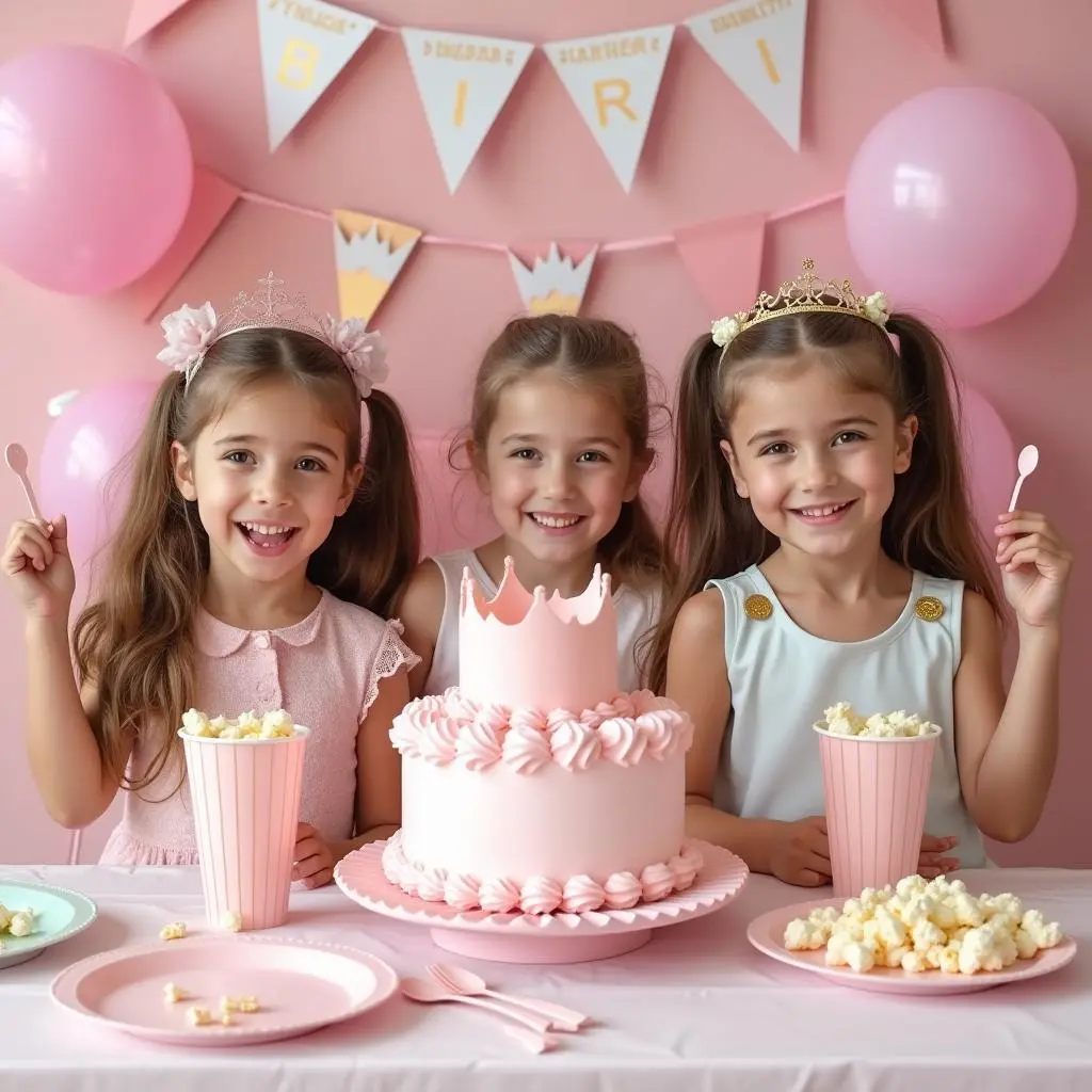 سه دختر بچه شاد در جشن تولد با تزئینات و کیک تم تولد پرنسس صورتی از فروشگاه اینترنتی تمزی.